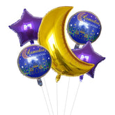 Folieballon set Ramadan Mubarak met gouden maan en paarse sterren voor feestelijke decoratie